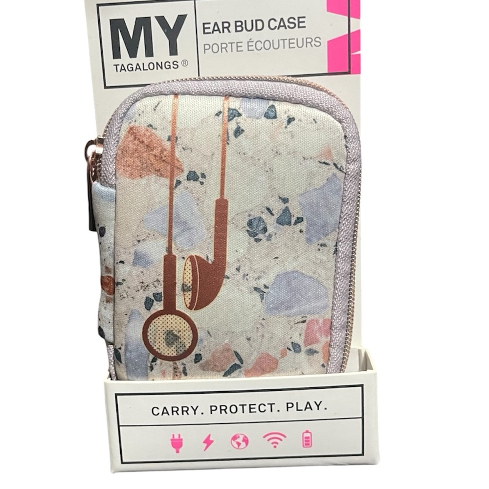 MYTAGALONGS White Terrazzo Earbud Travel Case Pink Blue Pastel Details